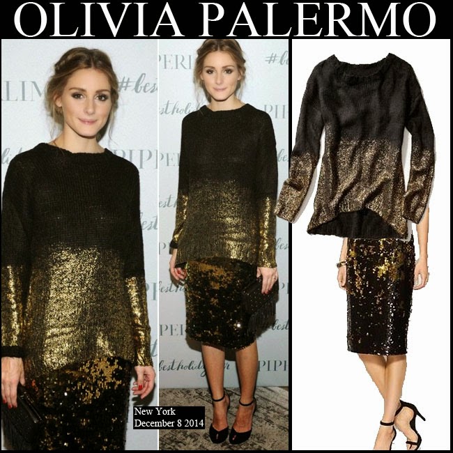WHAT SHE WORE: Olivia Palermo in gold and black sweater with gold ...